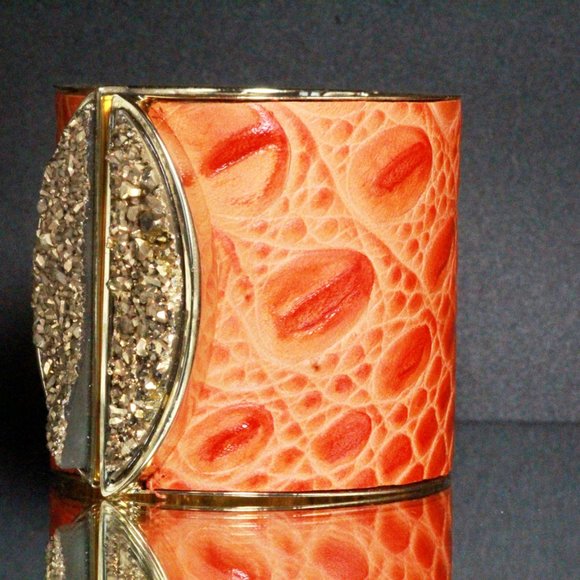 Fabrizio Giannone Designer Signed Orange Color Leather Gold Stone Clamp Bracelet - Picture 2 of 12